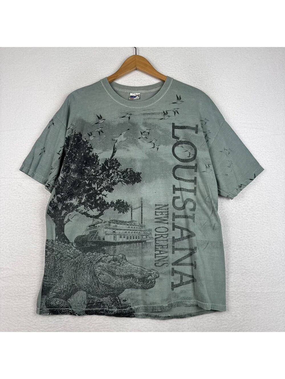 Vintage 90s Y2K Louisiana New Orleans Alligator Swamp Large AOP Green T Shirt XL